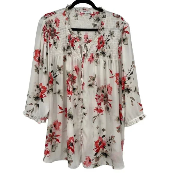 Rose + Olive Plus Size 3X Smocked Floral Top Bishop Puff Sleeve Flowy Blouse - Picture 1 of 5